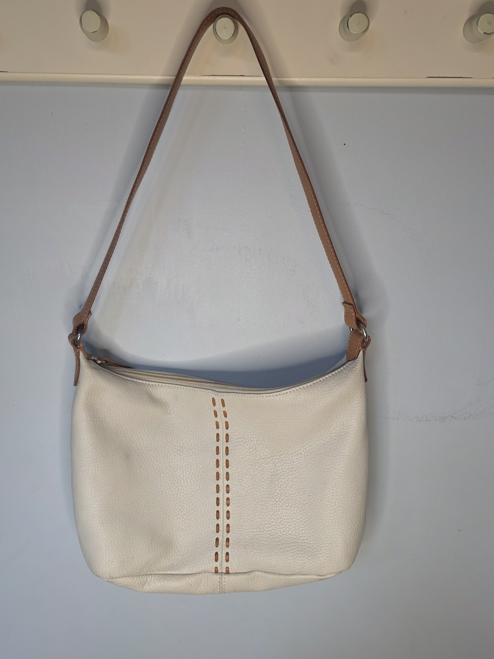Fossil Cream Ivory Pebbled Leather Hobo Shoulder Bag Boho Whipstitch As-Is
